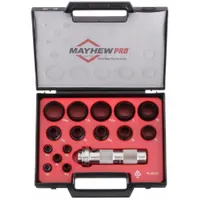 This 16-piece SAE hollow punch set includes sizes 3/8 in, 5/8 in, 7/8 in, and 1 in, each with an overall length of 4 3/4 in. The punches are hollow-ground for cutting clean holes in gasket materials and soft stock. The set is supplied in a vinyl case for organized storage