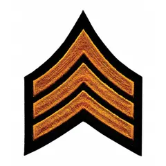 Embroidered rank insignia patch for Sergeant (SGT) grade. Measures 3 inches, features gold design on black background, constructed from polyester and rayon. Supplied as a pair (1 PR). Suitable for attachment to uniforms or tactical gear to denote rank.