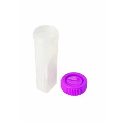 Staining jar made of polypropylene copolymer. Measures 98 mm in height and 30 mm in width. Used for staining and processing microscope slides in laboratory settings.