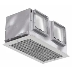 This ceiling-mounted exhaust fan is designed for standard bathroom ventilation, removing moisture, odors, and airborne contaminants. It operates at a single speed with 115V AC power, features a rectangular duct connection, and includes a designer grille. Adjustable mounting brackets facilitate installation.