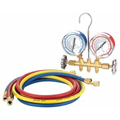 Analog manifold gauge set with two valves and three SAE hoses. Features 3-1/8 in gauges, gauge boots, sight glass, and hanging hook. For use with R-22, R-404A, R-407C, and R-410A refrigerants in HVAC service and maintenance.