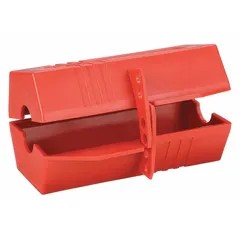 Red polypropylene encasing lockout for isolating 2-prong electrical plugs during maintenance. Accommodates plugs up to 3 in diameter and cords up to 1 in diameter. Rated for 220/550V AC. Prevents accidental reconnection when servicing equipment.