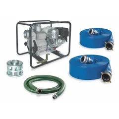 This emergency-response engine-driven trash pump kit is powered by a 9 1/2 hp Honda engine with electronic ignition. The volute is constructed of cast iron and stainless steel. It delivers 410 gpm at 20 ft of head and includes (2) 4 in x 50 ft blue discharge hoses. Suitable for dewatering, flood control, and construction site water removal where solids-laden water is present.