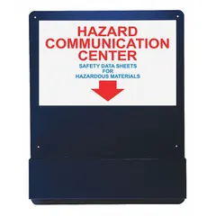 Wall-mount safety information center for displaying notices, procedures, or compliance documents in industrial facilities. Overall dimensions: 30 in H x 24 in W x 4 1/8 in D. Mounting hardware not included.
