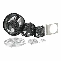 Standard round axial fan with a 10-inch diameter and 3 3/4-inch depth, constructed from steel. Operates on 230V AC and delivers 560 cfm airflow at 0.000 in static pressure. Used for cooling and ventilating industrial enclosures, cabinets, and electrical panels.