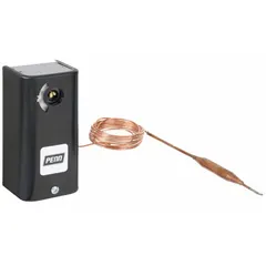 Steel-enclosed line-voltage thermostat with SPDT switch action (open/close on rise). Fixed 6°F differential. Temperature control range 100° to 240°F. Includes 6 ft capillary with 3-1/2 in x 3/8 in bulb. For indoor use in commercial and industrial HVAC systems such as duct heaters or unit heaters.