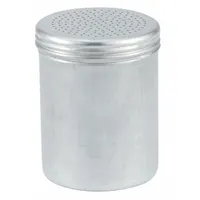 This 10 oz shaker features a silver aluminum body and a perforated top for controlled dispensing of salt, spices, or sugar. The handle provides easy handling in food-service settings such as cafeterias and commercial kitchens