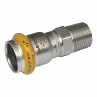 This APOLLO SmartPress fitting connects 3/4 in pipe to 1 in pipe in gas stainless steel press systems. It features a Press-fit x MNPT connection with an HNBR seal for gas-tight joints in commercial and industrial piping applications