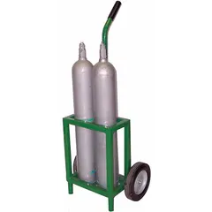 This two-wheel tilt-back cart is designed for transporting compressed gas cylinders. It holds up to two cylinders with a maximum tank diameter of 4 1/2 inches and features a single-handle design. The cart includes two axle-mounted wheels and is suitable for moving cylinders in medical or industrial settings.