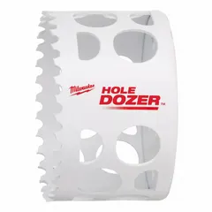 Bi-metal hole saw for cutting wood, metal, and plastic. 3-inch diameter with 3.5 teeth per inch. Maximum cutting depth of 1-5/8 inches. Used in electrical, plumbing, and construction applications for creating clean holes.