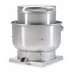Belt-drive centrifugal upblast roof exhaust fan for high-static-pressure kitchen exhaust applications. Includes drive package, 21 1/4 in wheel, open dripproof motor, 2 hp, 208-230/460V AC. Unassembled, square base, delivers 5,000 to 10,000 cfm at 0.500 in SP.