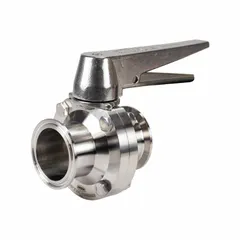 This 3-A certified butterfly valve features a 316L stainless steel body and disc, with a clamp connection and lever handle offering 13 stop positions. Rated for 140 psi CWP, it has an average surface roughness of ≤ 32 Ra, suitable for sanitary flow control in food, dairy, beverage, and pharmaceutical processing.