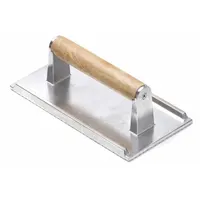 This steak weight features an 8-1/4 inch aluminum blade and a brown wood handle. It is used in commercial kitchens to press steaks and other meats flat during grilling or pan-searing, promoting even cooking and consistent browning. Not NSF certified
