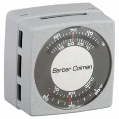 Pneumatic thermostat for summer/winter dual-temperature control in HVAC systems. Temperature range 55° to 85°F. Direct action at 25 psig, reverse at 16 psig. Two-pipe high-volume air flow output. Mounts horizontally or vertically; cover included.