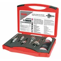 This 7-piece hole saw kit features carbide-tipped teeth with 2.5 teeth per inch and a maximum cutting depth of 10 mm. Suitable for cutting through wood, metal, plastic, and drywall in general construction, plumbing, and electrical applications