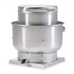 Belt-drive centrifugal fan for high-static-pressure kitchen exhaust applications. Unassembled unit with 16 1/2 in wheel, square base, for roof or wall mounting. Supplied without drive package; accepts 1/4 hp to 1 hp motor.