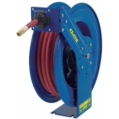 Spring-return hose reel with controlled retraction for air or water service. Features a brass swivel, 1/2 in MNPT hose end, and maximum operating pressure of 300 psi. Reel holds up to 100 ft of 1/2 in I.D. hose. Blue finish. Overall dimensions: 23 in L x 9-1/4 in W x 25-1/4 in H.