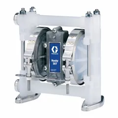 Air-operated double-diaphragm pump with polypropylene housing. 3/8 in NPT connections, 6.5 gpm maximum flow. Hytrel diaphragm, PP seat, and Hytrel check valves. Used for transferring corrosive and abrasive fluids in industrial fluid handling systems.