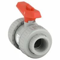 This CPVC ball valve features a straight, two-piece body with socket x FNPT connections and a lever handle for manual operation. It is used for on/off flow control in CPVC piping systems, suitable for applications requiring corrosion resistance