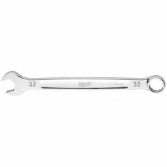 This combination wrench features a 32 mm 12-point box end and an open end, designed for tightening or loosening metric fasteners. It is constructed from steel with a chrome finish, with an overall length of 16 7/8 inches. Suitable for use in maintenance, repair, and assembly tasks requiring a secure grip on hex nuts and bolts.