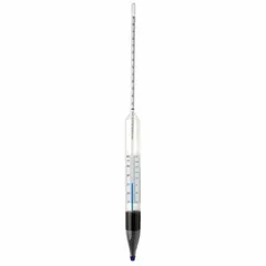 Glass Brix hydrometer with combined form scale covering 0 to 12 °Brix range and ±0.1° accuracy. Includes an integrated 32–122°F thermometer for temperature compensation. Overall height is 15 inches. Used to measure sugar concentration in liquids such as juices, syrups, and fermentation samples.