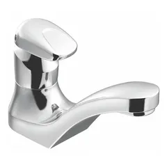 This single-post push-button metering bathroom faucet is constructed of brass with a chrome finish. It features a 0.5 gpm flow rate and a spray function. Suitable for commercial restrooms where water conservation and hands-free operation are desired.