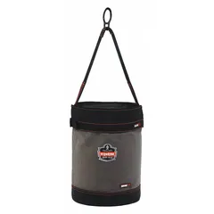 This gray canvas bucket bag measures 12-1/2 inches wide by 17 inches high by 12-1/2 inches long. It features a buckle closure and has no pockets. Suitable for carrying tools, parts, or supplies in industrial and maintenance settings.