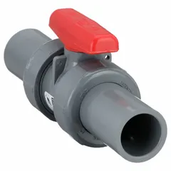 This CPVC ball valve features a straight body with socket x socket connections and a tee handle. Rated for a maximum pressure of 235 psi (CWP), it is used for on-off or flow control in CPVC piping systems. Suitable for applications requiring corrosion resistance in water treatment and chemical processing.