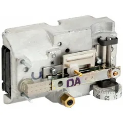 Pneumatic thermostat for HVAC systems, providing single-temperature control from 55° to 85°F. Direct-acting with two high-volume pipes for air flow output. Designed for horizontal mounting; cover not included. Suitable for regulating pneumatic actuators in commercial and industrial environments.