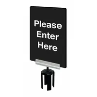 This black plastic sign displays a double-sided 'Please Enter Here' message and is designed for mounting on post tops using a bracket/frame holder. It includes a sign bracket and has an overall width of 7 inches. Suitable for directing pedestrian traffic in queue management and crowd control applications