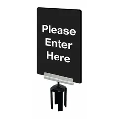 This black plastic sign displays a double-sided 'Please Enter Here' message and is designed for mounting on post tops using a bracket/frame holder. It includes a sign bracket and has an overall width of 7 inches. Suitable for directing pedestrian traffic in queue management and crowd control applications.