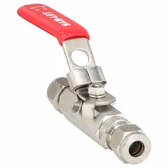 This straight-body ball valve is constructed of stainless steel with compression x compression end connections. It features a locking lever handle for secure on/off flow control. Typical applications include instrumentation, chemical processing, and gas handling systems requiring leak-tight shutoff.