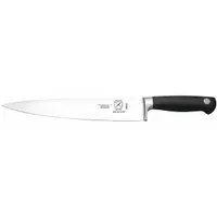 This forged chef's knife features a taper ground steel blade and a black Santoprene handle, with an overall length of 10 inches. NSF certified, it is suited for chopping, slicing, and dicing in commercial food preparation