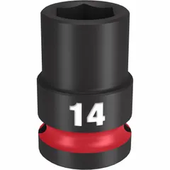 This 1/2" drive impact socket is designed for use with impact tools on metric fasteners. The 14 mm, 6-point configuration provides a secure grip on bolt heads. The black phosphate finish offers corrosion resistance for extended service life in demanding applications.