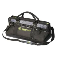 This GREENLEE tool bag is made of black polyester with a wide-mouth opening for easy access. It features 28 total pockets, including 25 inside pockets, to organize and carry hand tools, testers, and accessories on job sites