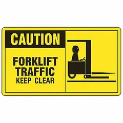 Adhesive-mount vinyl sign for posting caution warnings in areas with forklift traffic. Each sign measures 3 1/2 x 5 in with 0.02 in thickness. Suitable for indoor use on clean, dry surfaces to mark keep-clear zones. Not retroreflective, not glow-in-the-dark, no anti-slip surface. Sold as a 5-pack.