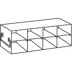 This stainless steel freezer rack is designed for organized cold storage in commercial freezers. It includes handles for easy pulling and repositioning. Overall dimensions: 23 7/8 in length, 6 1/8 in width. Compatible with manufacturer model number 0626514.