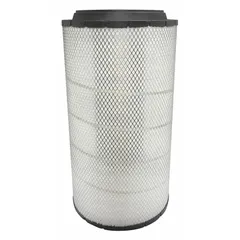 Round/oval engine air filter with radial seal design. Overall height 24 5/8 in. Compatible with John Deere vehicles. Used in agricultural and industrial equipment to filter intake air for engine protection.