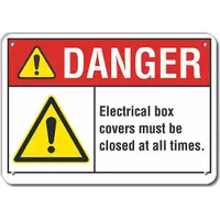 This non-retroreflective, non-glowing sign is made of plastic with mounting holes for secure attachment. It displays the message 'Danger: Electrical Box Covers Must Be Closed At All Times' to warn personnel in areas with electrical enclosures, panels, or cabinets