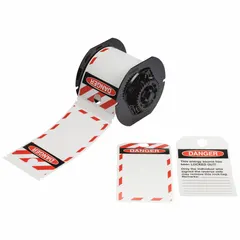 Roll of 100 pre-cut polyester danger tags, white, measuring 5 3/4 in x 3 1/4 in. Designed for indoor/outdoor use. Compatible with S3700 printer series; requires B30-R10000 ribbon. Used for industrial safety labeling to warn personnel of hazards.