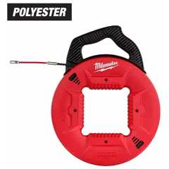 Non-conductive fish tape with 100 ft spiral polyester tape for pulling wires through walls, conduits, and ceilings. Features manual wind tape retraction, internal rotating leader end style, and winder slide mechanism. Housed in a 13 in diameter case.