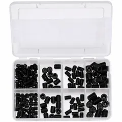 This 195-piece set screw assortment includes six socket sizes in inch measurements, with thread sizes #10, 1/4 in, 3/8 in, and 5/16 in. The smallest thread diameter is 1/4 in. Socket set screws are used to secure components on shafts, collars, and pulleys in industrial machinery for maintenance and assembly applications.