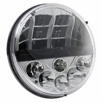 Round LED sealed beam headlight providing both high and low beam functions. Non-heated design with an H4 electrical connector. Suitable for use as a replacement headlight in heavy-duty trucks, off-road vehicles, and industrial equipment requiring a standard round headlight form factor
