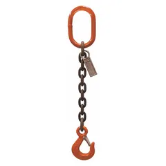 This single-leg chain sling is constructed from alloy steel with a Grade-100 rating. It features a fixed-length design and includes a sling hook. Used for overhead lifting and rigging in industrial settings.
