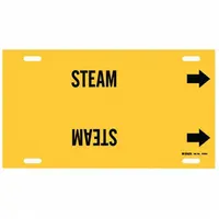 Yellow strap-on pipe marker with black legend reading 'Steam' and directional arrows. Fits pipe outer diameters from 8 to 9-7/8 inches. Supplied as a single marker for identifying steam lines in industrial piping systems