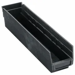 This ESD static-control plastic shelf bin measures 4 1/8 in x 4 in with an overall length of 17 7/8 inches. It is black, nesting capable, and designed for organizing static-sensitive components in clean rooms, assembly lines, and warehouses. Dividers are not included.
