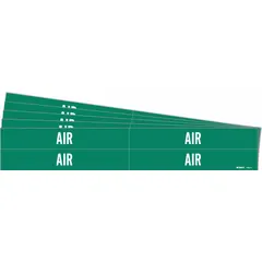 Green background with white 'Air' legend. Fits pipe outer diameters from 3/4 to 2-3/8 inches. Pack includes 4 pipe markers without directional arrows. Used for identifying air lines in industrial piping systems.
