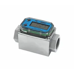 This commercial-grade inline turbine flowmeter is designed for water flow measurement and totalization. It features a digital display, 4-20 mA output, and a nylon rotor, with an accuracy of ±5%. The 1-inch FNPT connection allows integration into piping systems for monitoring water usage in applications such as irrigation, industrial processes, or facility management.