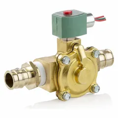 This 2-way, 2-position normally closed solenoid valve is designed for on/off flow control of compatible fluids. It features a 3/4 in pipe size, operates on 110V AC (120/60, 110/50), and includes a watertight coil enclosure. Typical applications include water, air, and light oil circuits in industrial piping systems.