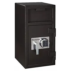 This steel depository safe features a digital combination lock and a drawer-style deposit opening. With 1.57 cubic feet of interior capacity, it is suited for securing cash and valuables in retail, hospitality, or office settings. The safe is not fire rated.